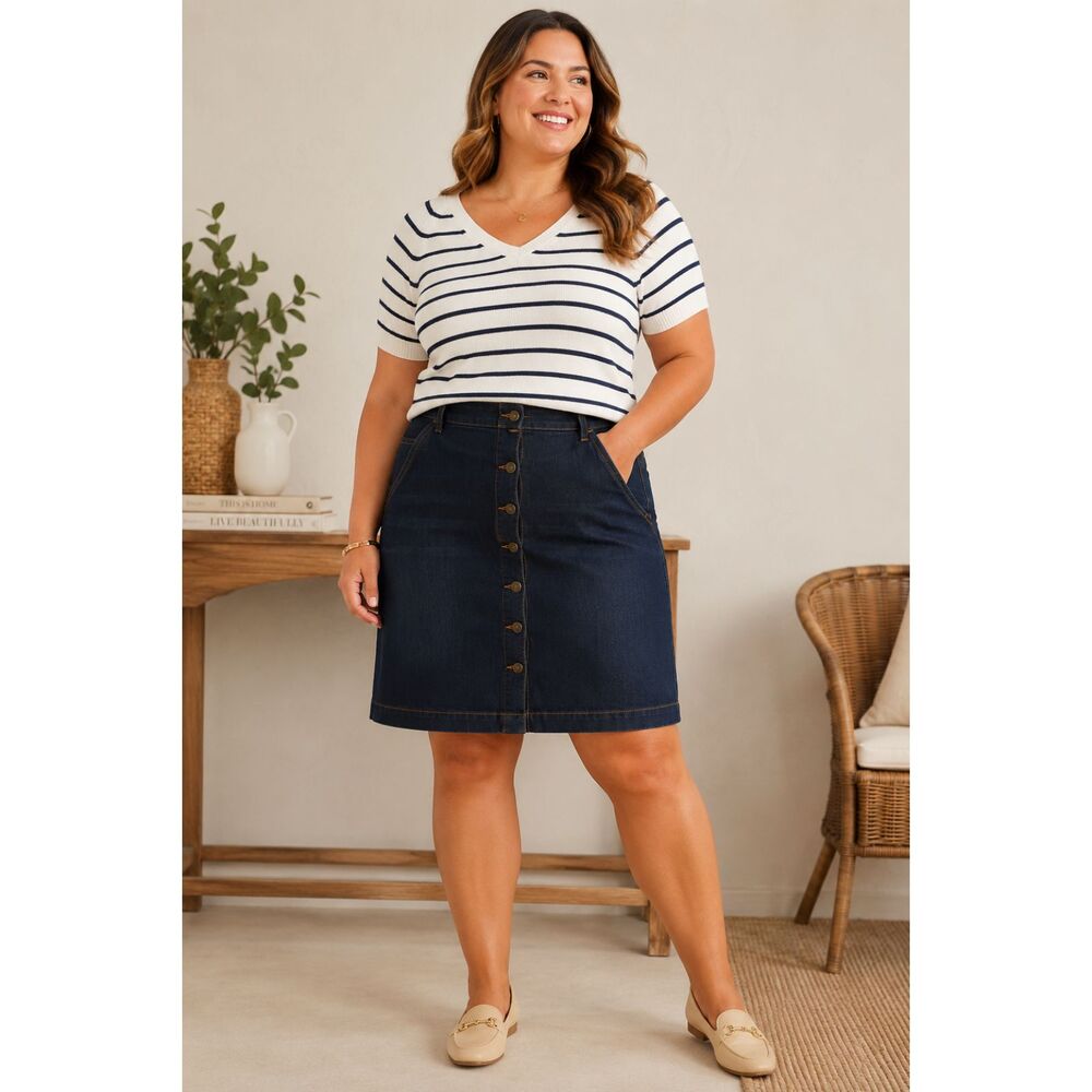Talbots Dark Wash Button Front Denim Skirt Nautical Anchor Buttons Preppy 22WP